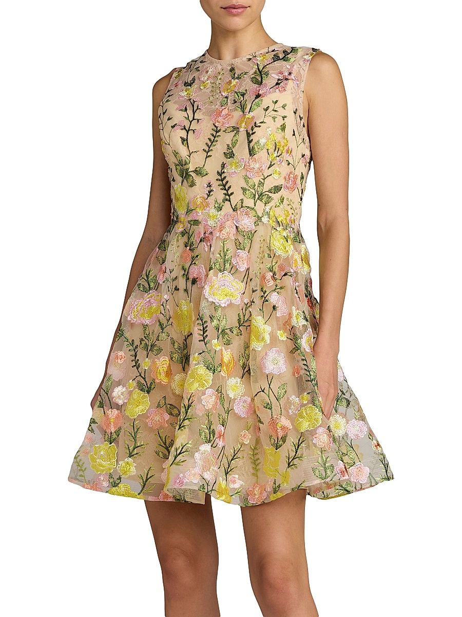 Women's Embroidered Floral Lace Minidress - Yellow Multi - Size 14