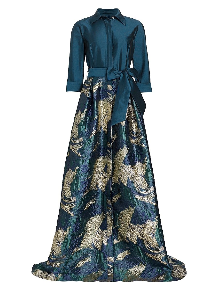 Women's Abstract Jacquard Tie-Waist Gown - Peacock Gold - Size 18