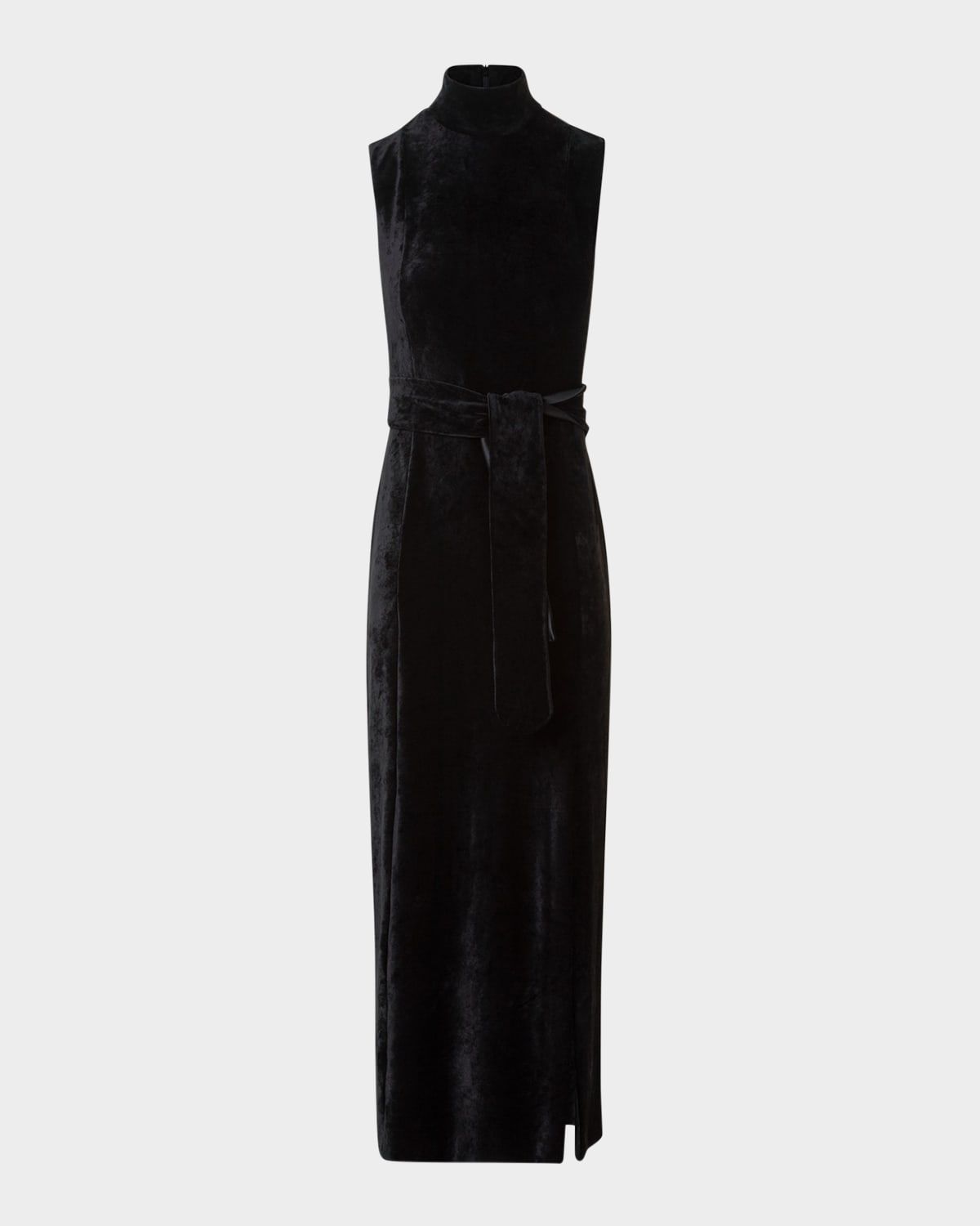 Mock-Neck Belted Velvet Jersey Midi Dress