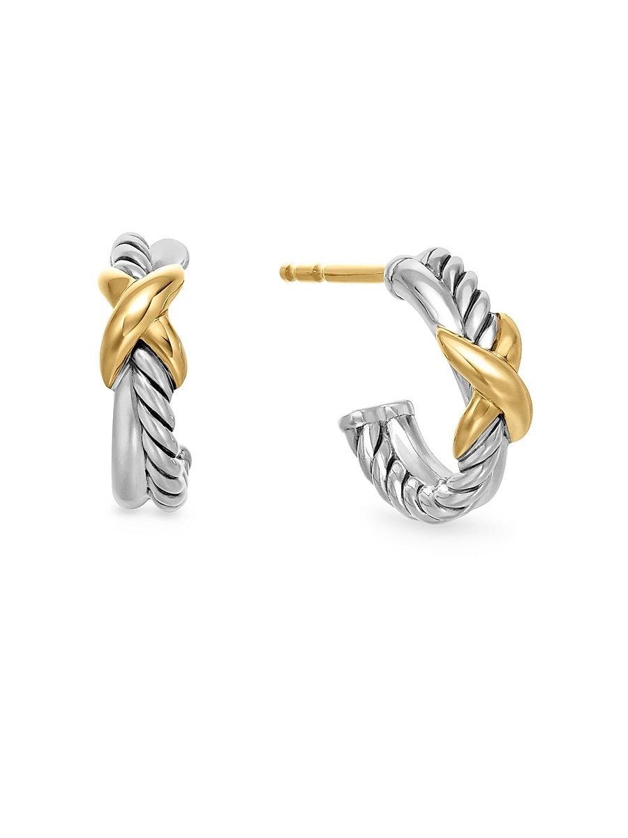 Women's Petite X Hoop Earrings in Sterling Silver with 18K Yellow Gold, 12.6MM - Diamond