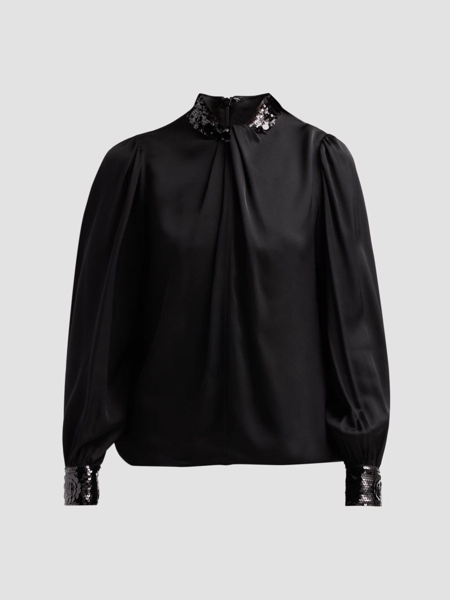 Elie Tahari Women's The Amira Embellished Stretch-Silk Blouse - Noir - Size XL