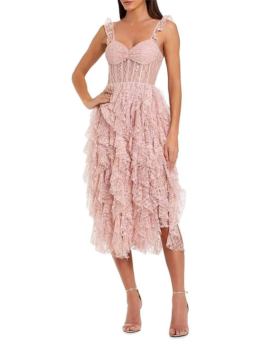 Women's Lace Ruffled A-Line Midi-Dress - Blush - Size 0