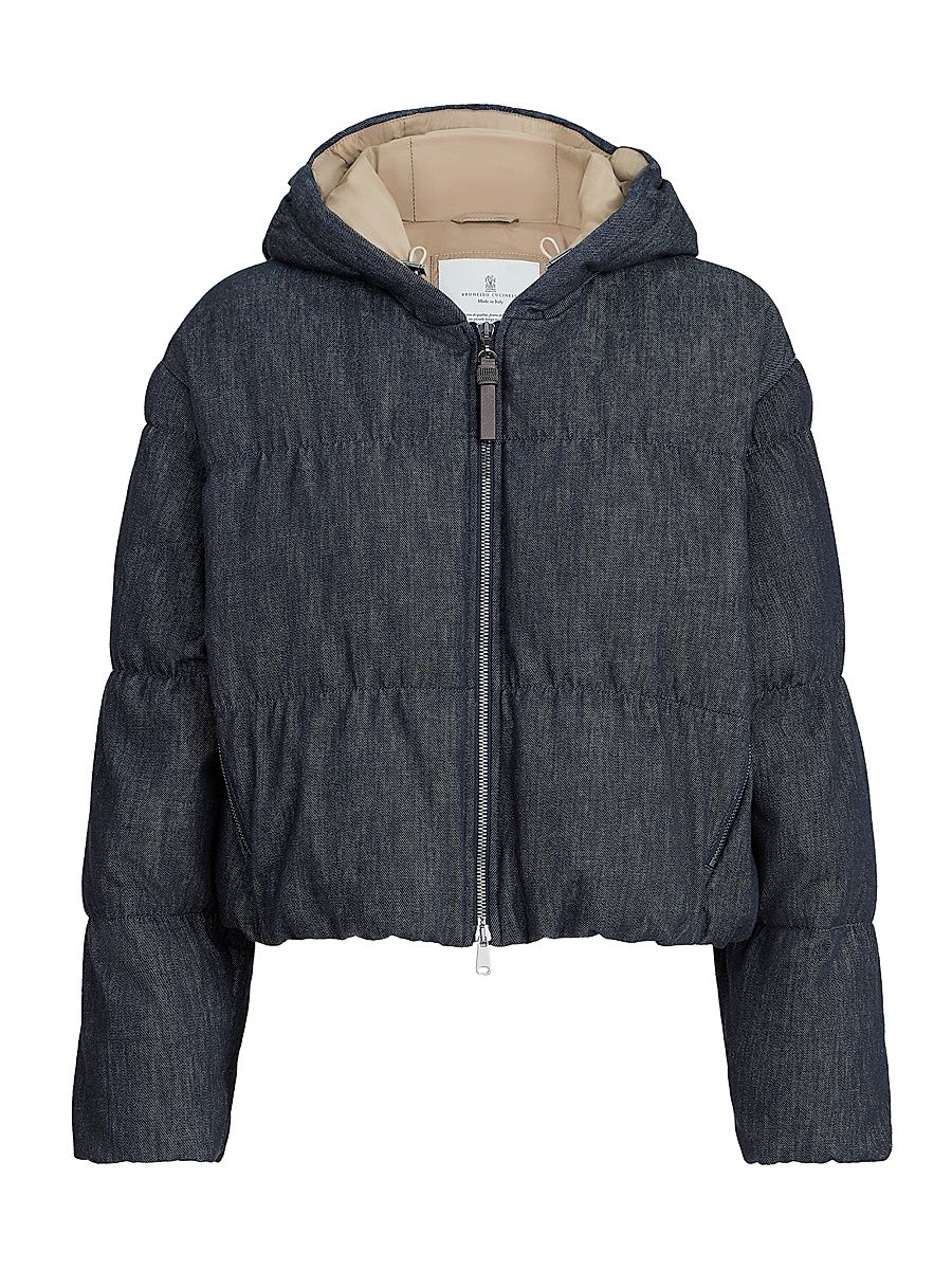 Women's Cotton Denim Effect Twill Down Coat with Monili - Denim - Size 2