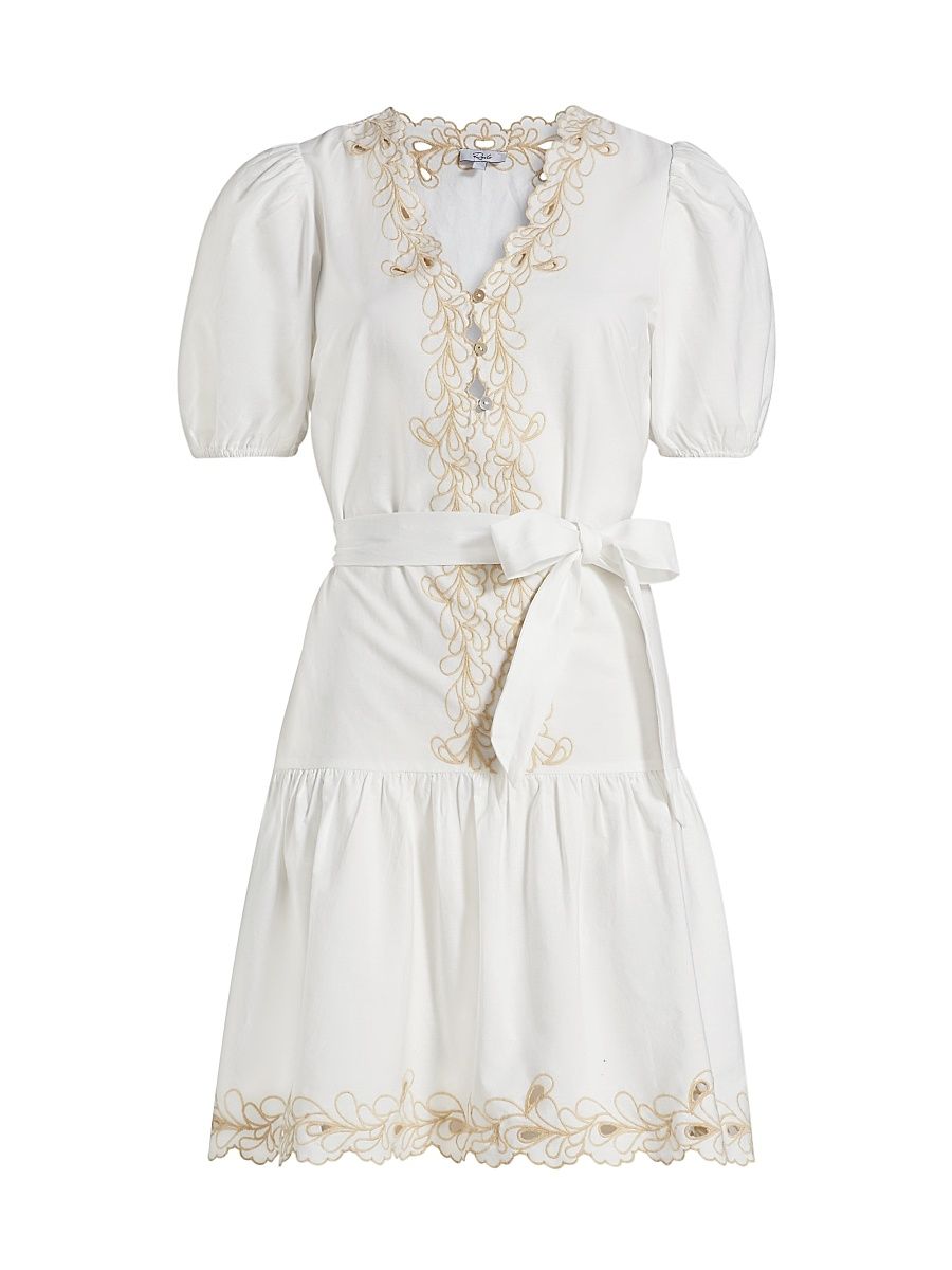 Women's Tulip Embroidered Cotton Tie-Waist Minidress - White - Size Medium