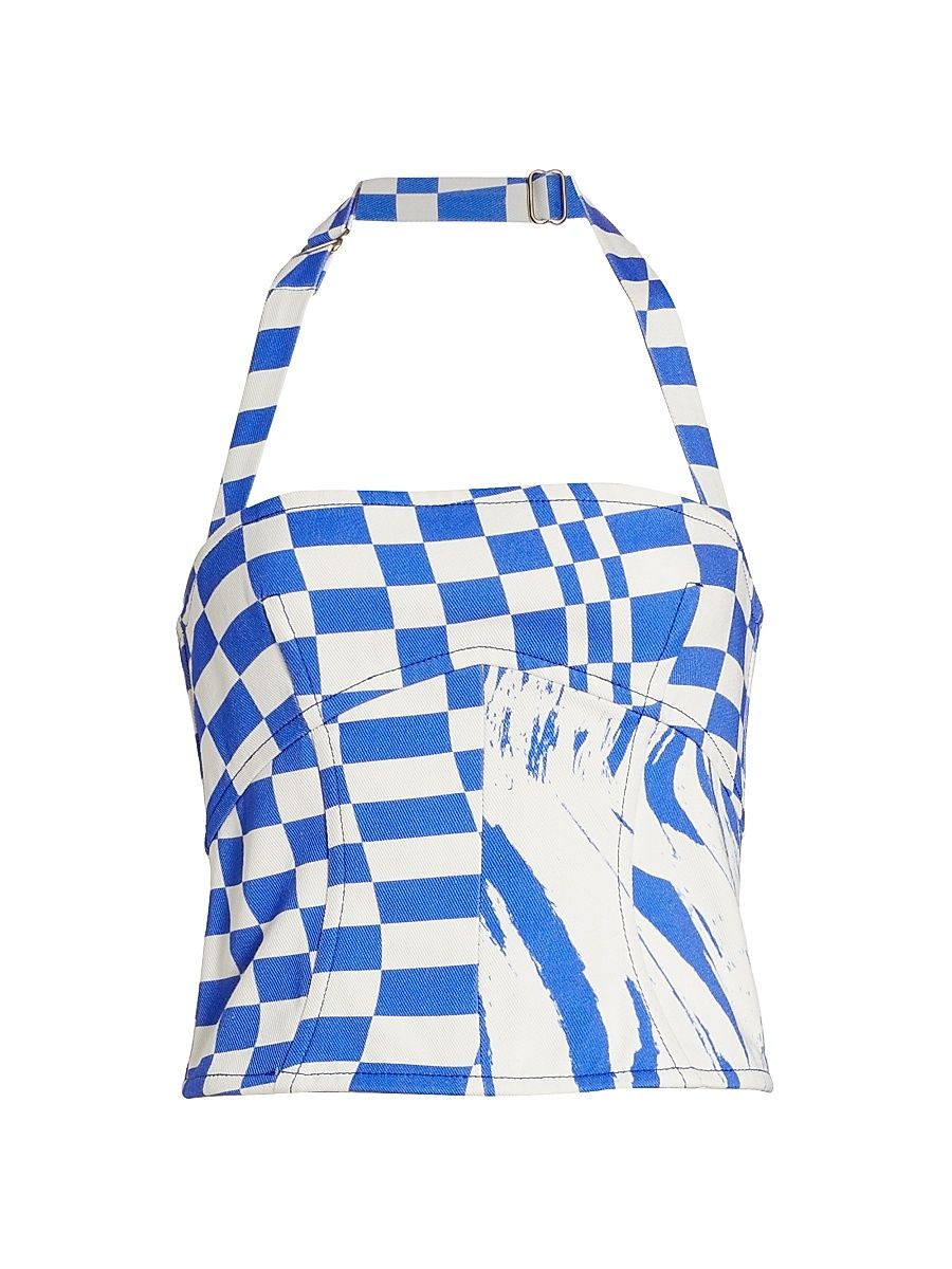 Women's Wave & Check Denim Halterneck Top - Cunningham Multi - Size 6