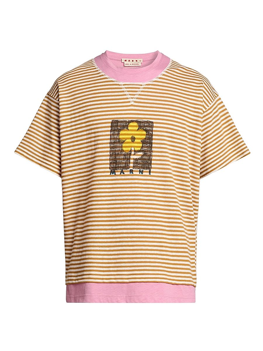 Men's Striped Floral Sketch Linen-Cotton T-Shirt - Mustard - Size 44