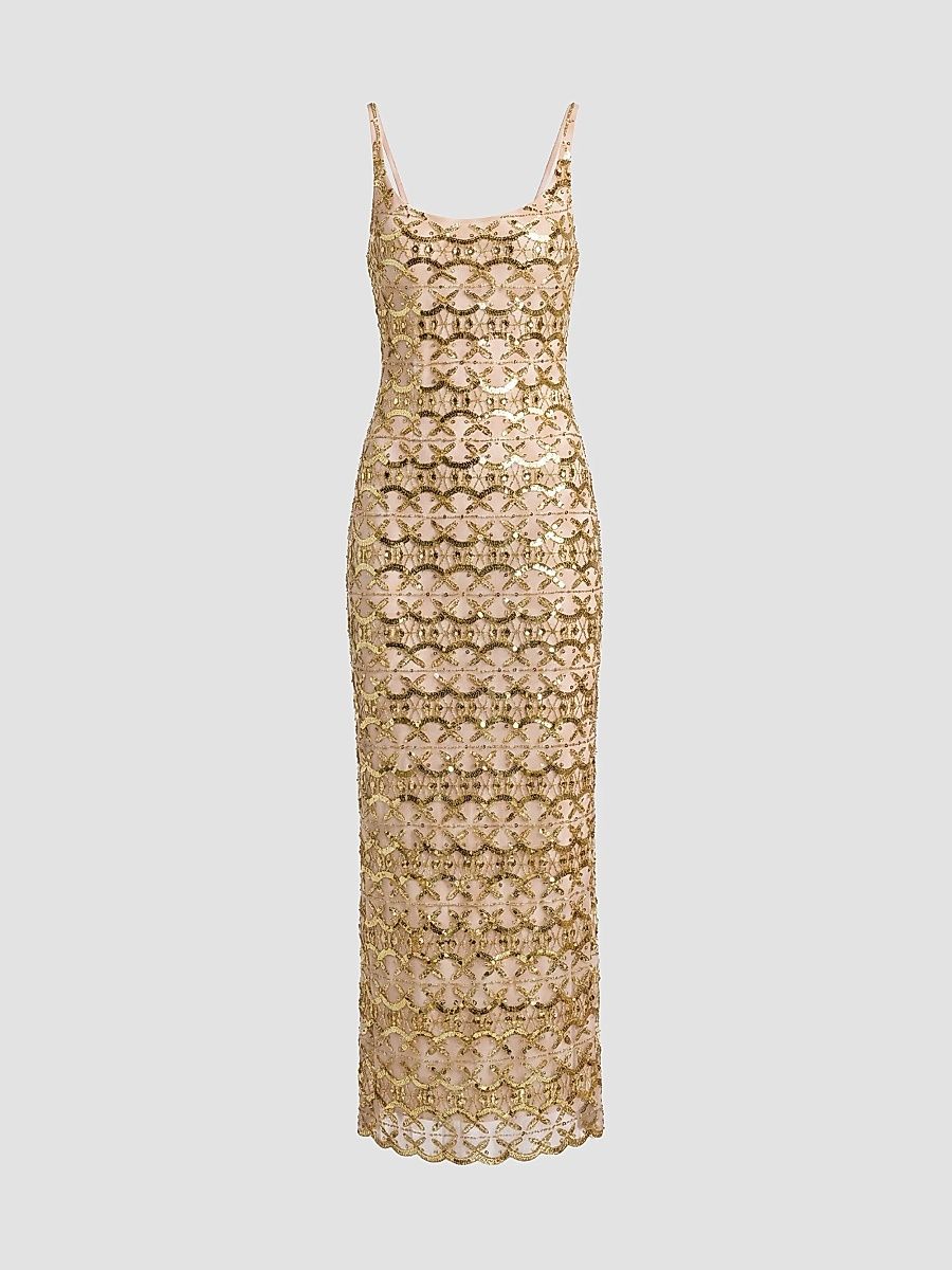 Mac Duggal Women's Beaded Column Cocktail Dress - Beige Gold - Size 14