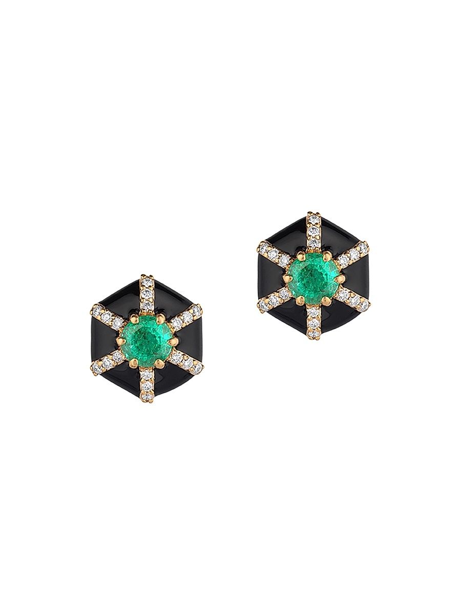Women's Queen 18K Yellow Gold, Multi-Gemstone, & Enamel Hexagonal Stud Earrings