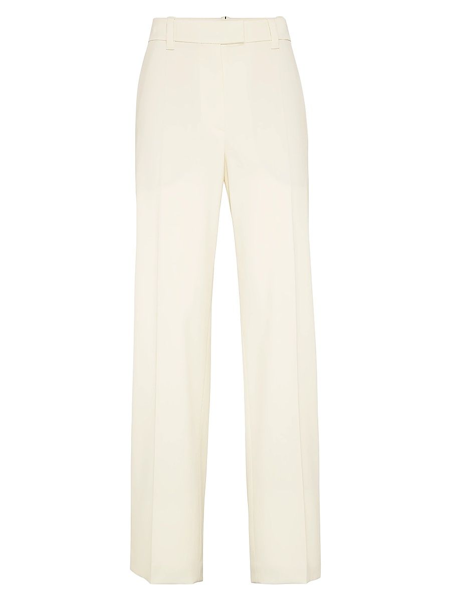 Women's Comfort Virgin Wool Gabardine Loose Cigarette Trousers with Monili - Milk - Size 14