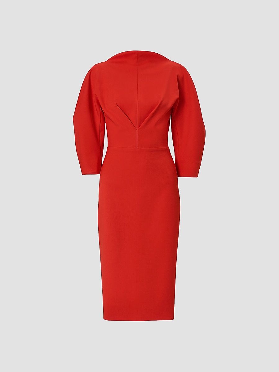 Women's Draped Stretch Wool Sheath Midi Dress - Chili Red - Size 10