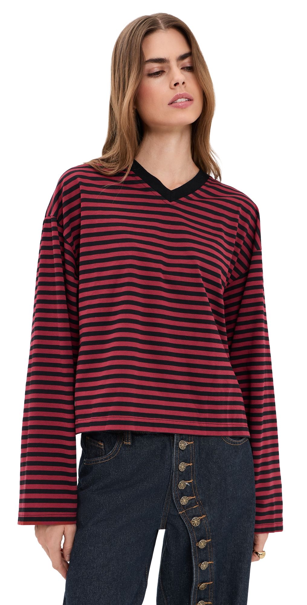 Lioness Bloom V Neck Long Sleeve Tee Cherry Ink Stripe M