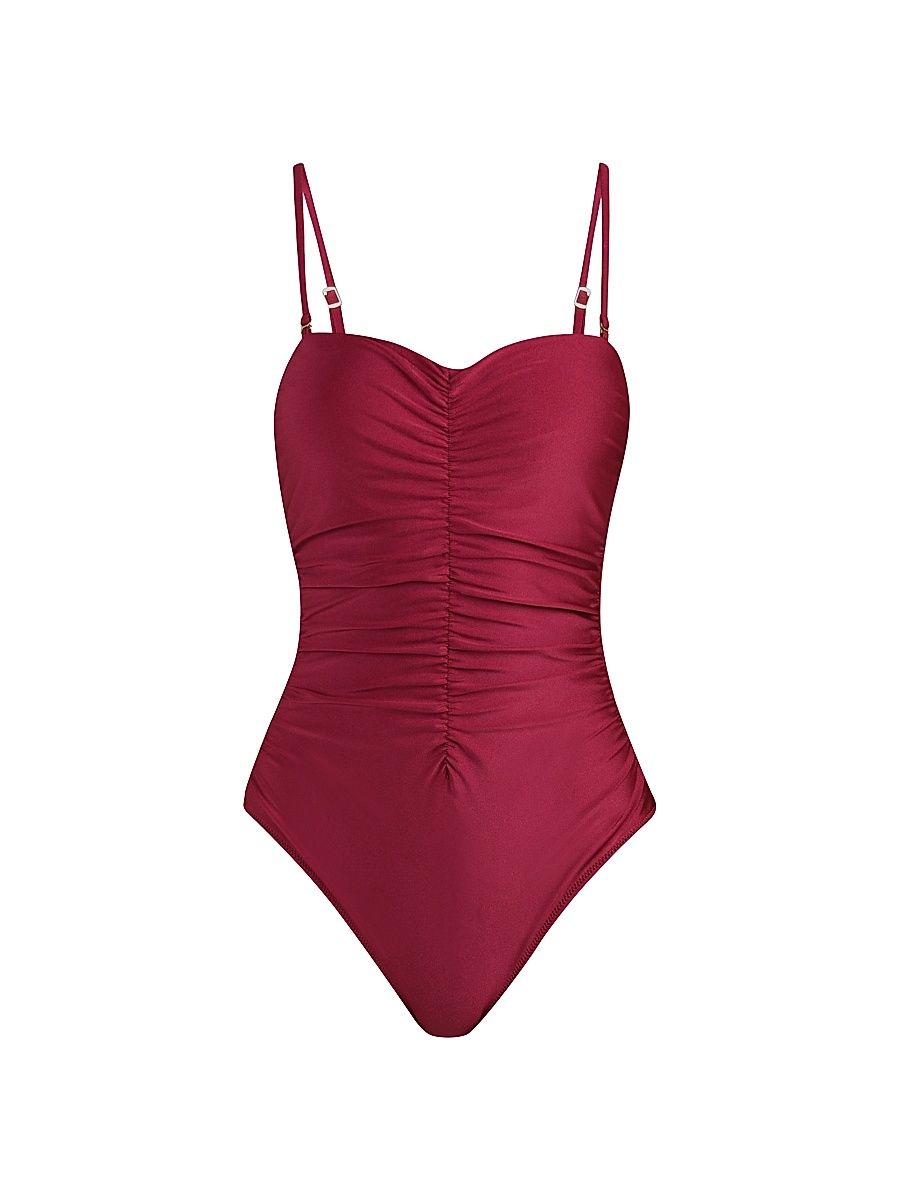 Women's Shimmer Solids Aubrey Ruched Bandeau One-Piece Swimsuit - Black Cherry - Size Large