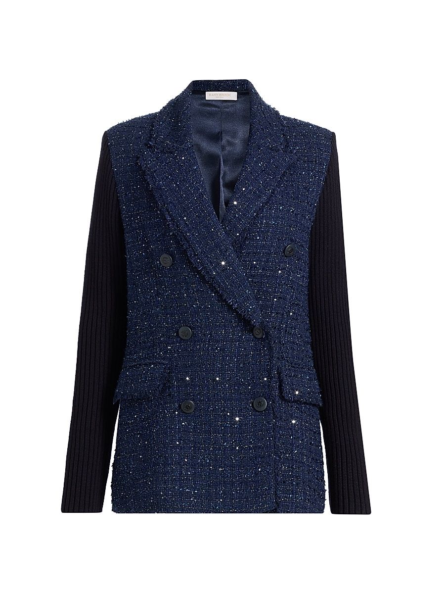Women's Elsa Embellished Double-Breasted Blazer - Navy Tweed - Size Large