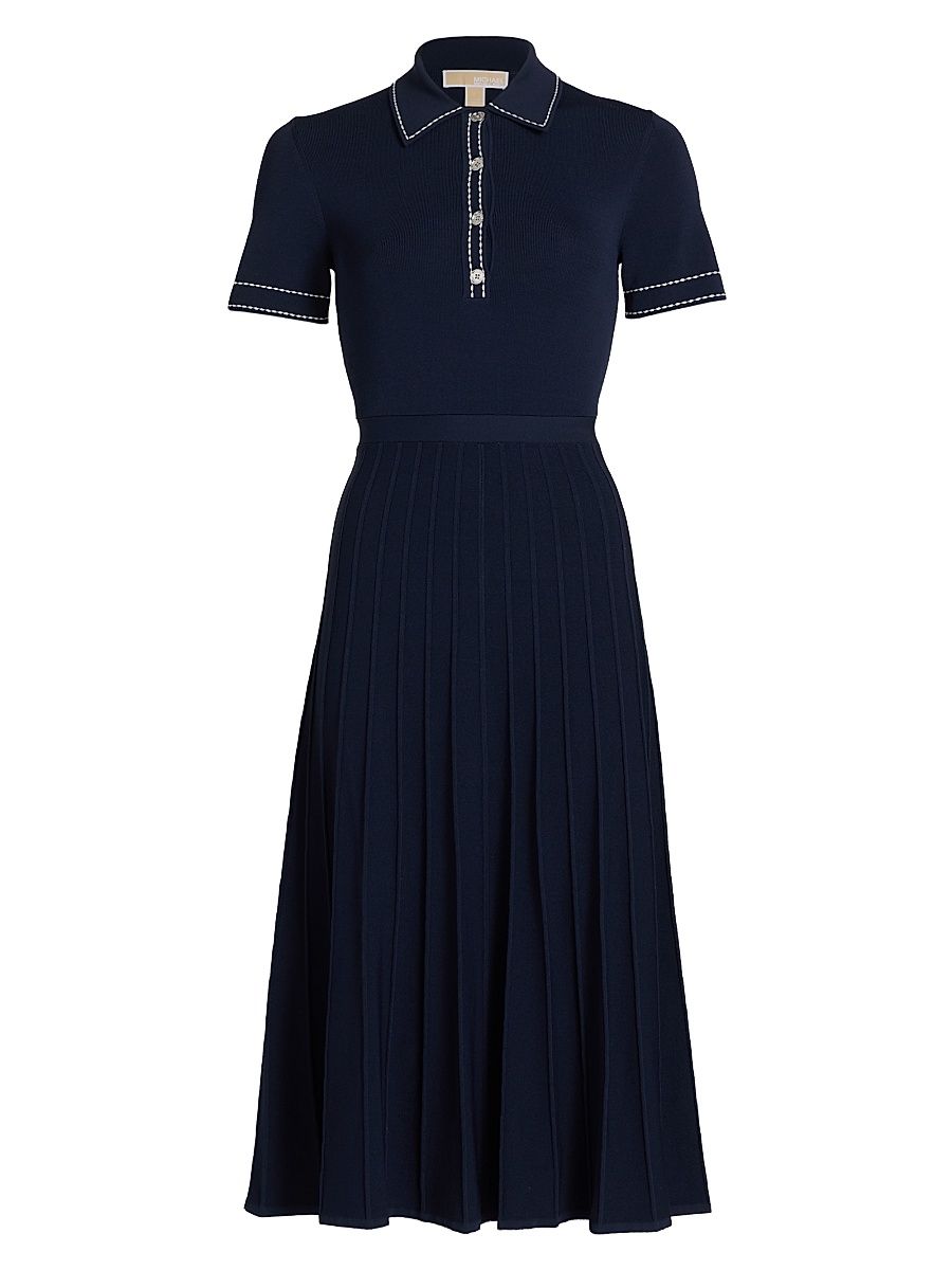 Women's Contrast Topstitched Polo Midi-Dress - Midnight Blue - Size XL