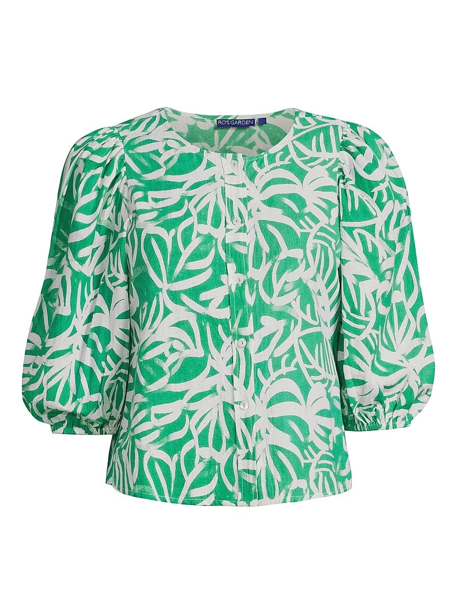 Women's Charles Linen Leafy Blouse - Green Mirna - Size XL
