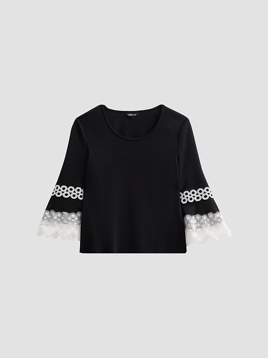 Women's Lace Appliqué Soft Knit Top - Black White - Size XXL