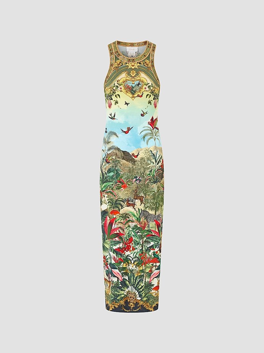 Women's Printed Stretch Jersey Tank Maxi Dress - Wanderlust Empire - Size Small