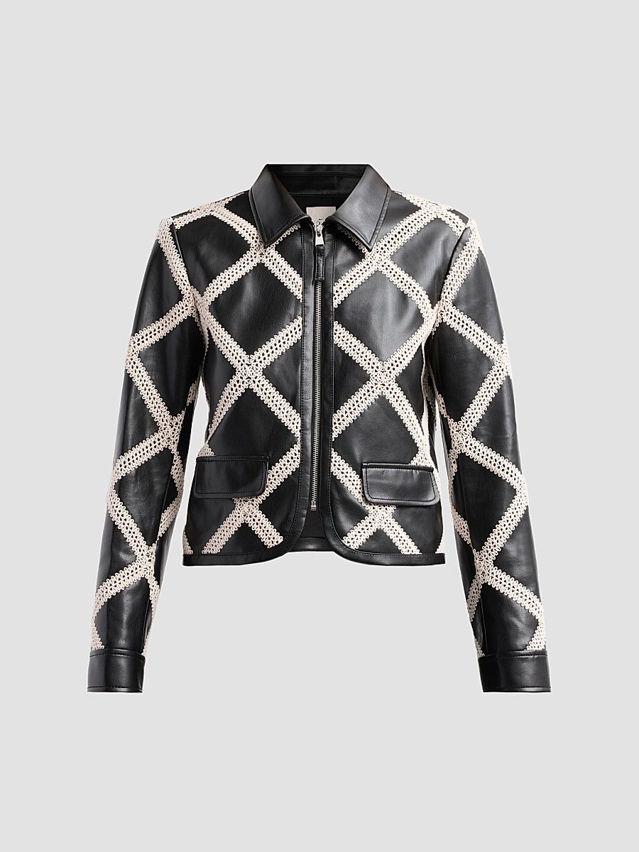 Women's Audree Crochet-Trim Faux Leather Jacket - Black Gardenia - Size XS