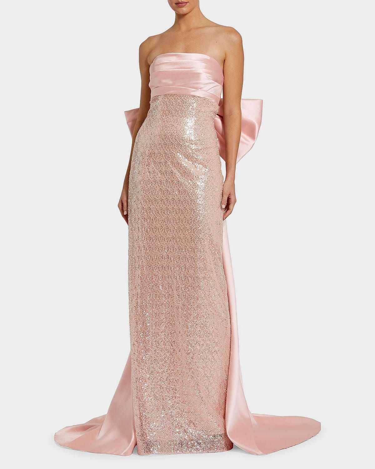 Strapless Bow-Back Sequin Column Gown