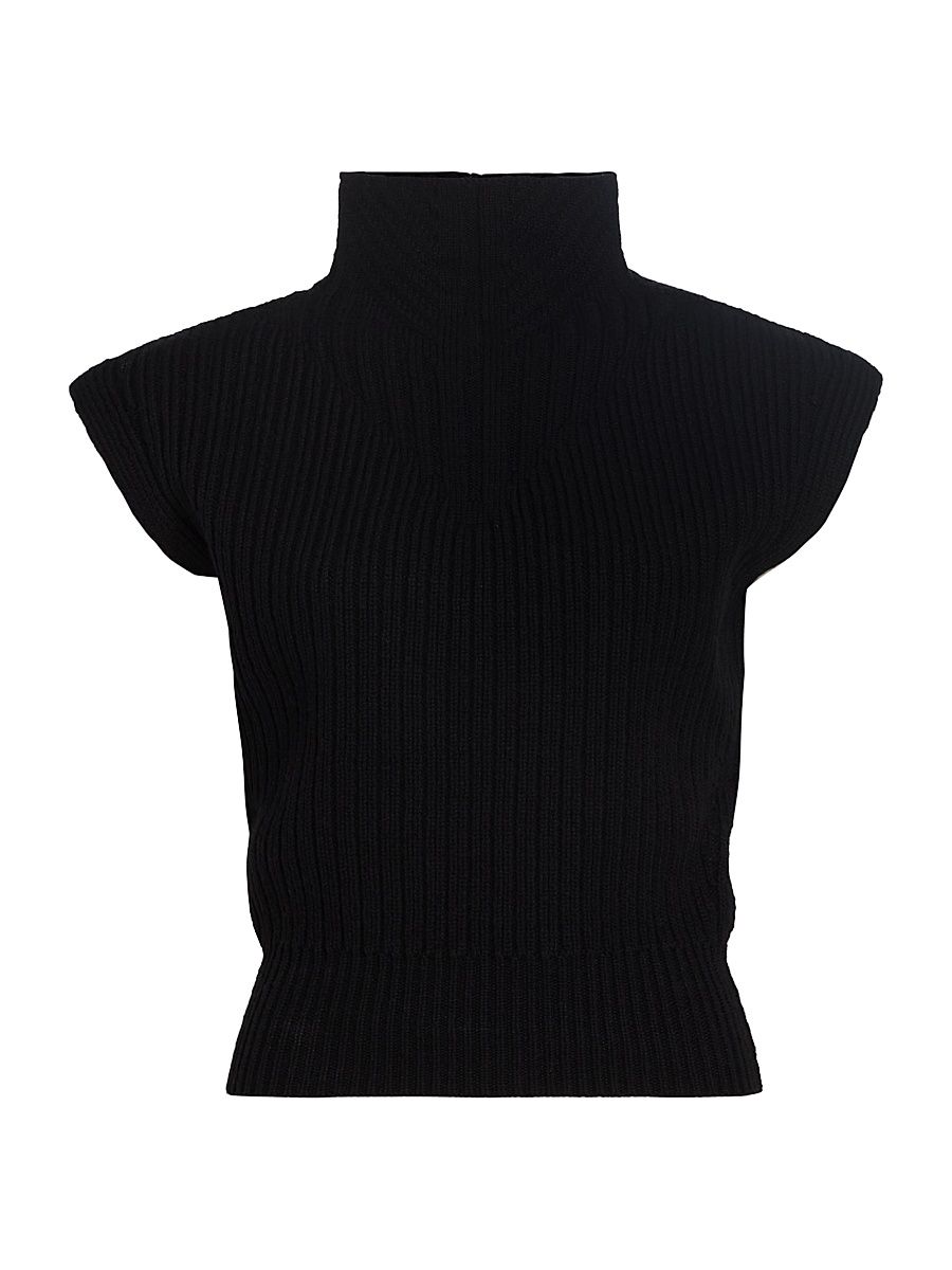 Women's Fisherman Mock Turtleneck Sleeveless Wool Sweater - Black - Size Medium
