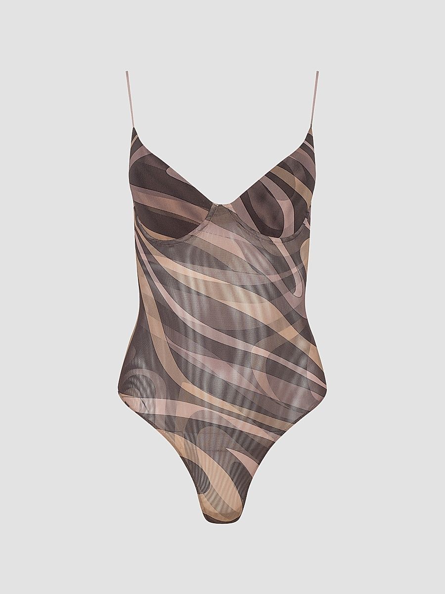 Women's Elowen Underwire Bodysuit - Sepia Brown Abstract Swirl - Size Medium