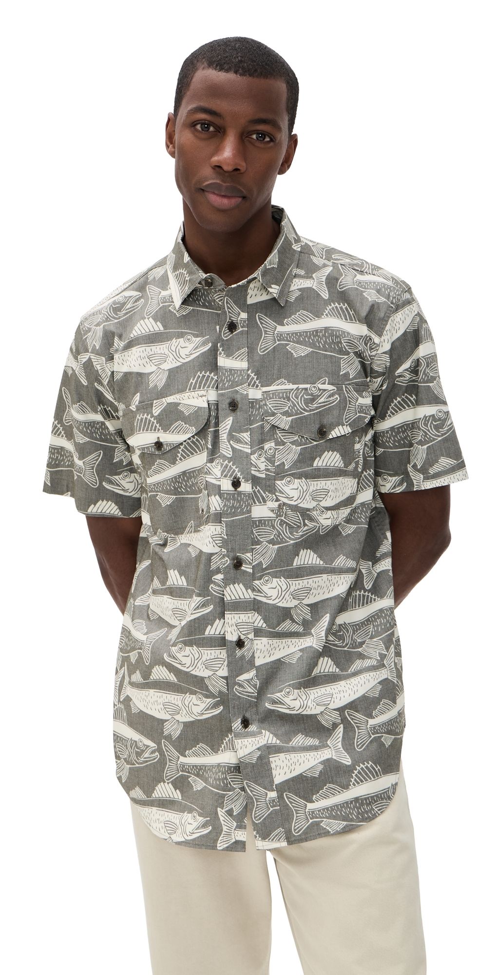 Filson Twin Lakes Short Sleeve Sport Shirt Beluga/Bold Fish Print XL