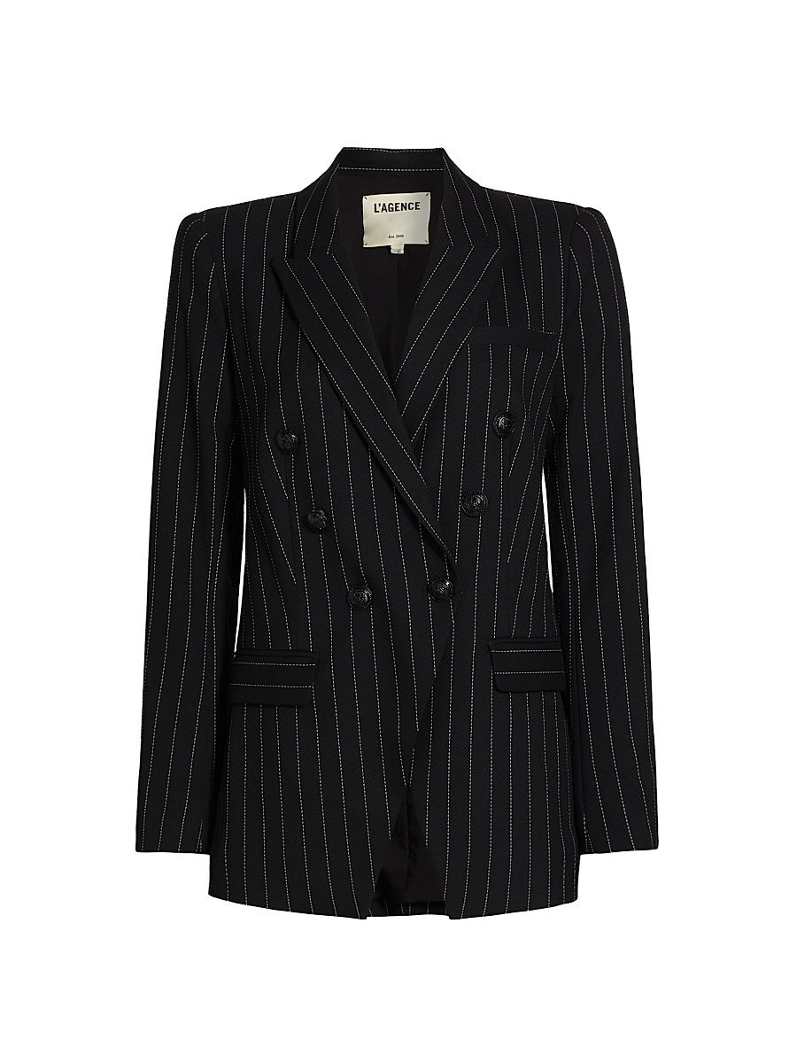 Women's Kendi Pinstriped Double-Breasted Blazer - Black Ecru - Size 14