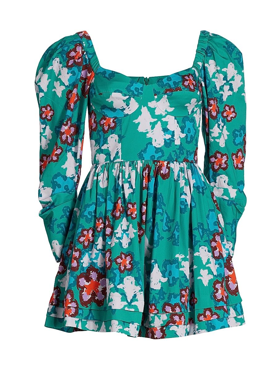 Women's Nina Floral Long-Sleeve Minidress - Green Summer Flower Print - Size Large