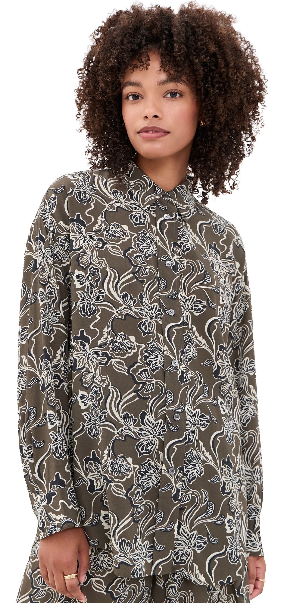 La Ligne Oversized Silk Shirt Taupe Floral S