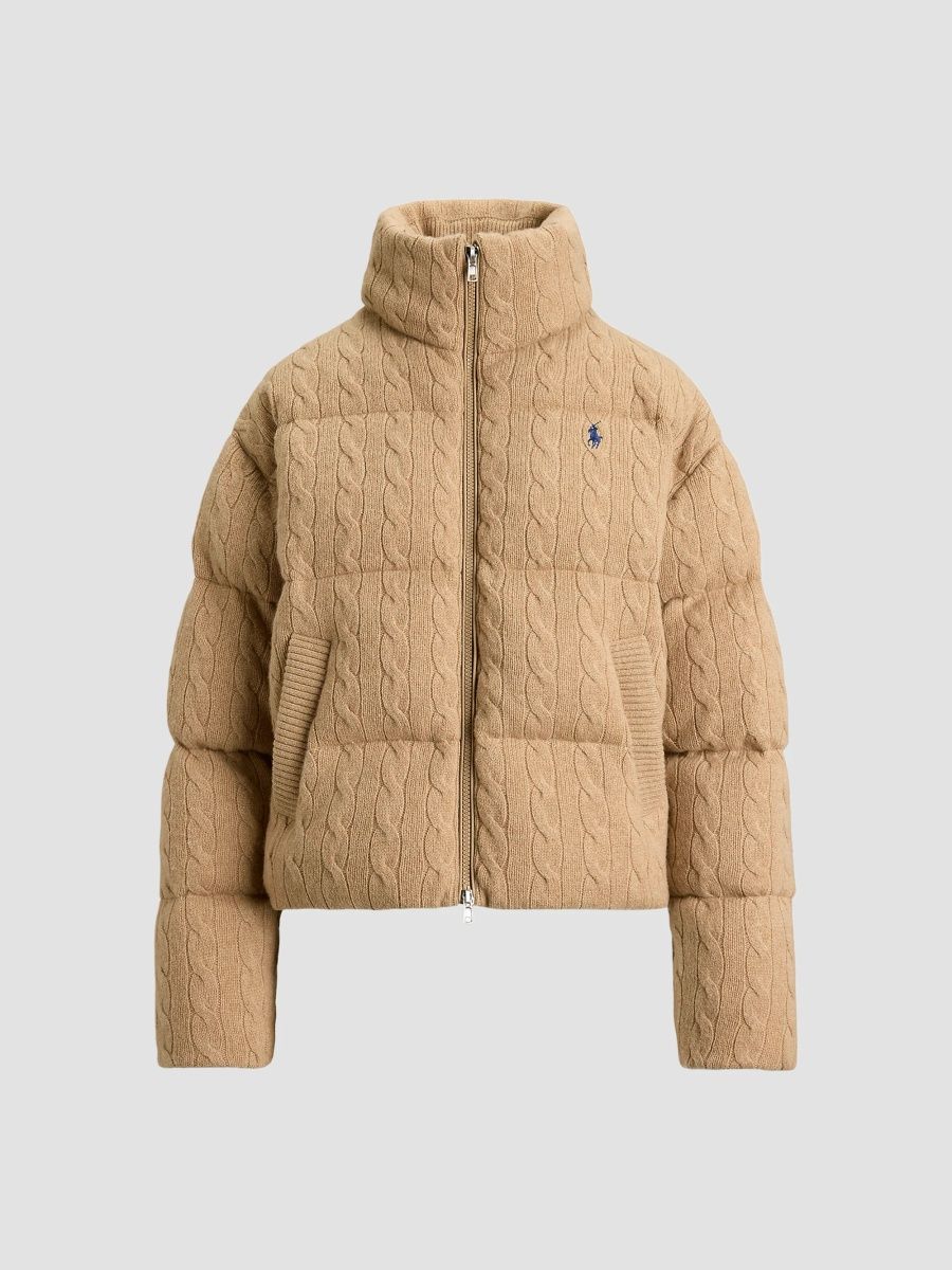 Polo Ralph Lauren Women's Cable-Knit Wool-Cashmere Puffer Jacket - Collection Camel Melange - Size XS