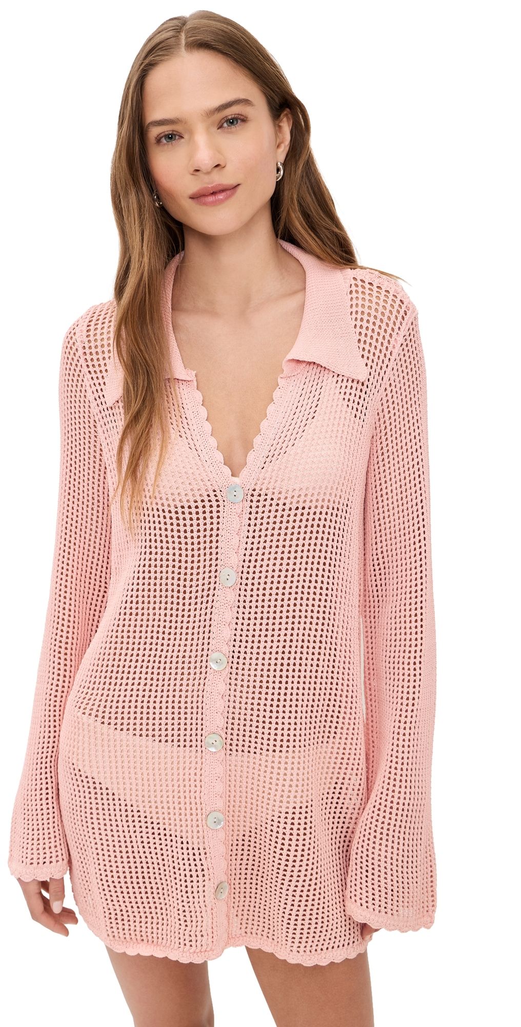Show Me Your Mumu Crochet Button Up Coverup Peachy Pink Crochet S