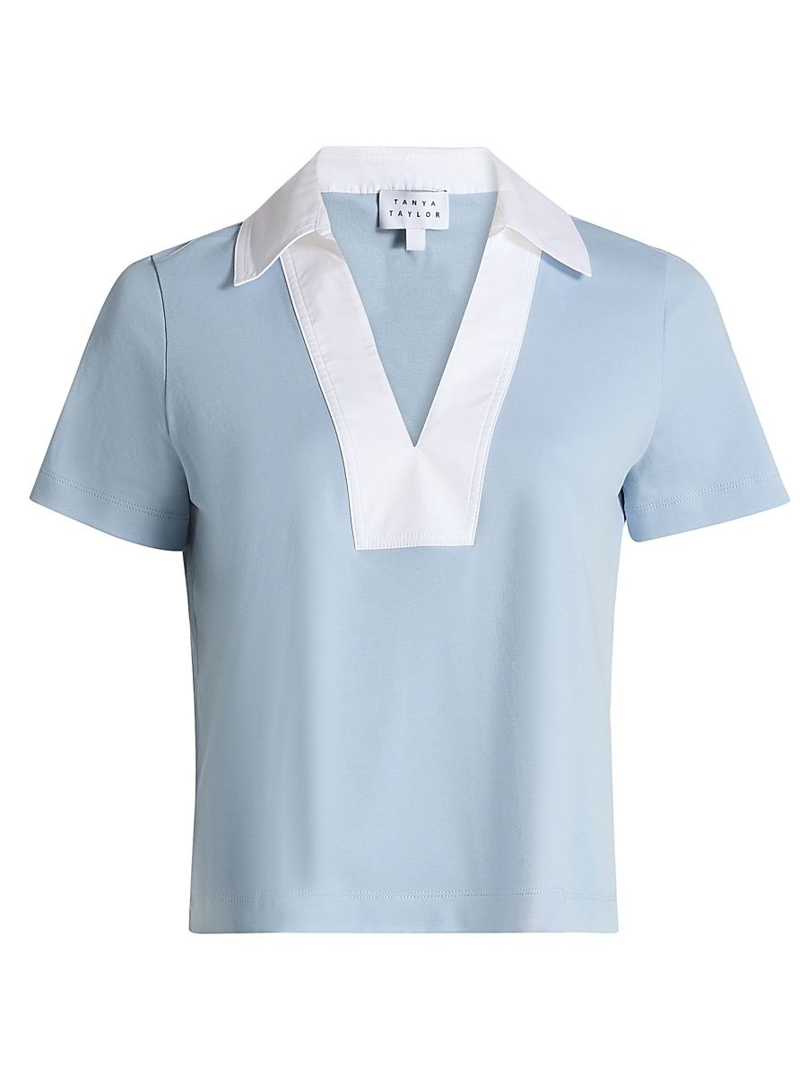 Women's Melanie Johnny Collar Cotton Short-Sleeve Top - Powder Blue - Size XL