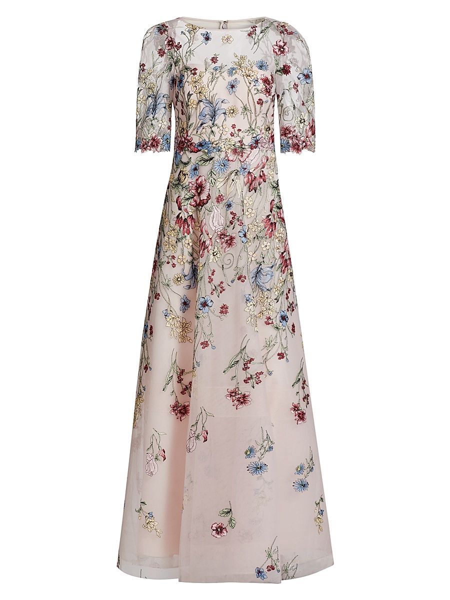 Women's Floral-Embroidered Tulle A-Line Gown - Blush Multi - Size 14