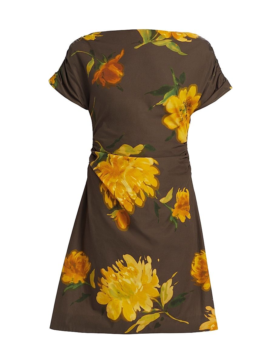 Women's Floral Ruched Cotton Minidress - Chocolate Multi - Size 14