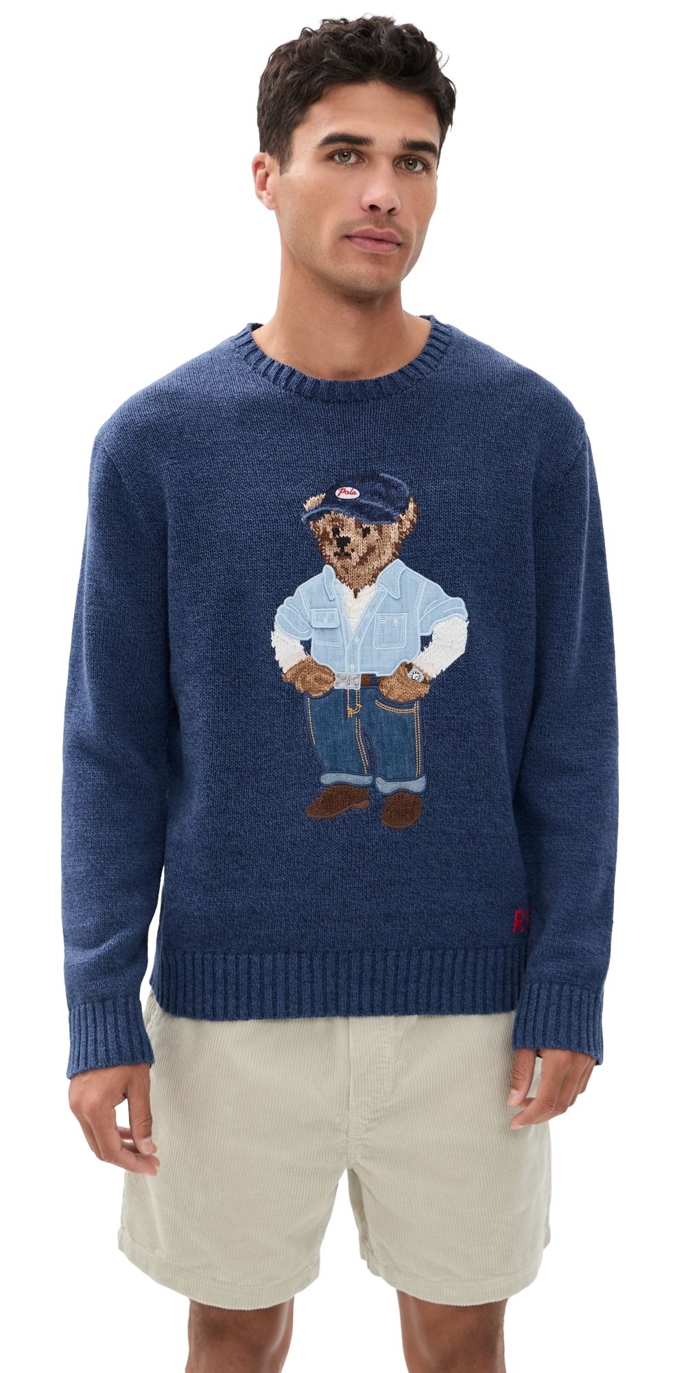 Polo Ralph Lauren Original Label Cotton Linen Denim Bear Crewneck Sweater Light Navy S