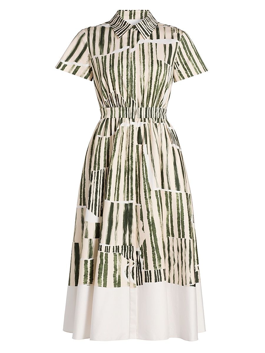 Women's Stripe Collage Stretch-Cotton Shirtdress - Plaster Hunter Green - Size 14