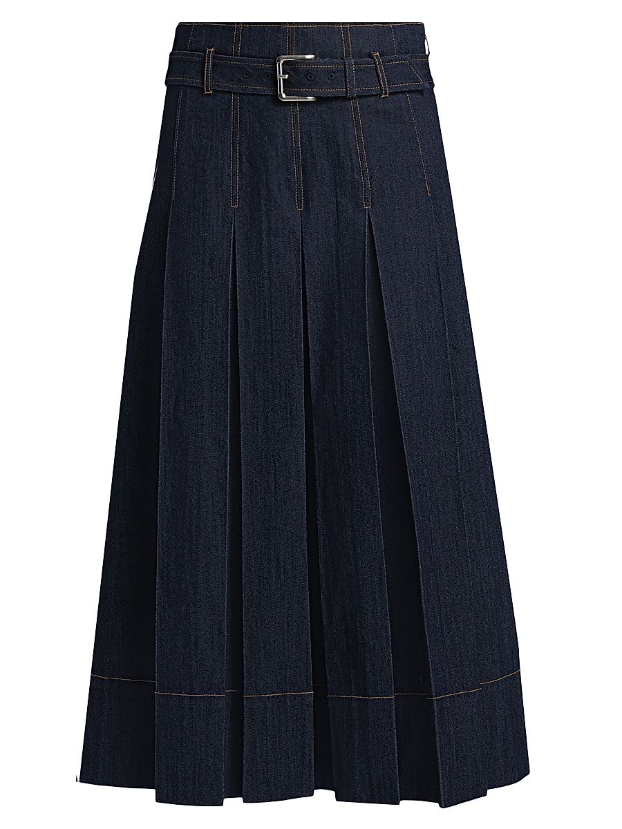 Women's Rylee Pleated Denim Belted Maxi-Skirt - Indigo - Size 12