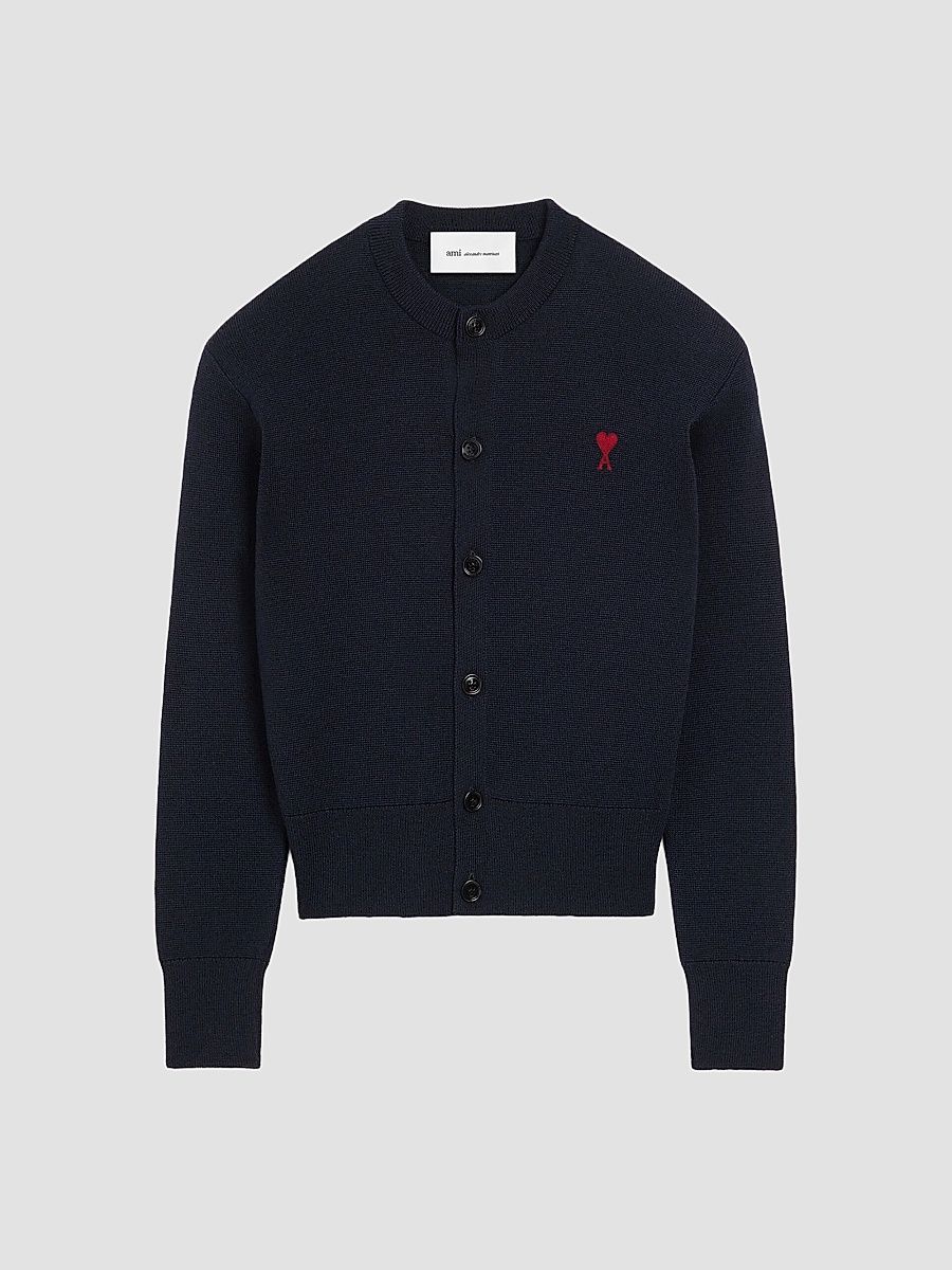 AMI Paris Women's Ami De Coeur Embroidered Wool Crewneck Cardigan - Navy Red - Size Large