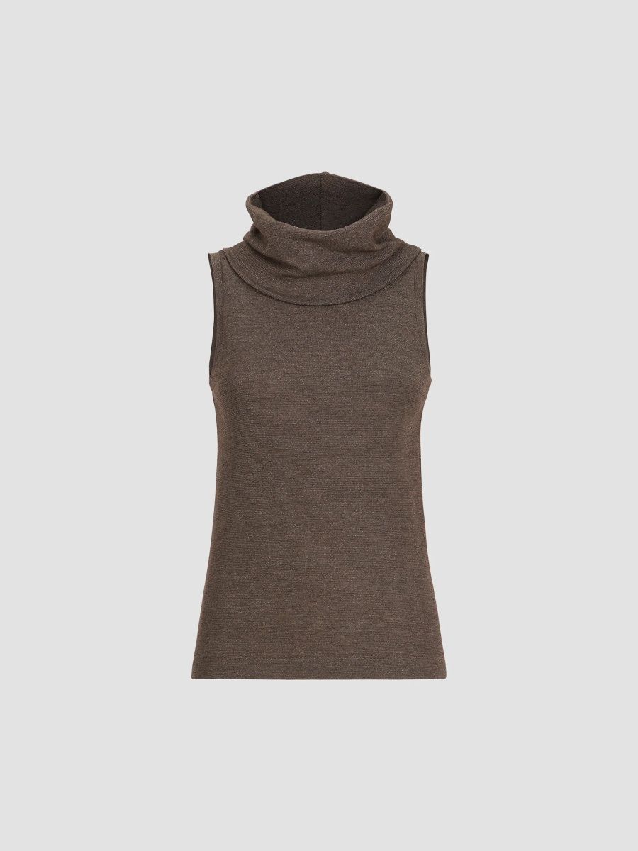 Brunello Cucinelli Women's Sparkling Virgin Wool Jersey Turtleneck Top - Coffee - Size Medium