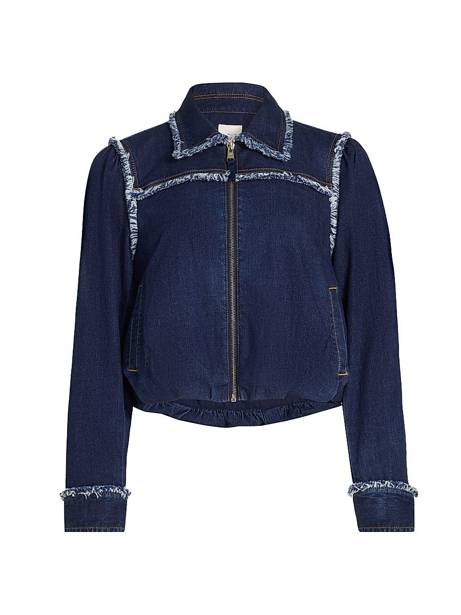 Women's Indria Denim Fringe Crop Bomber Jacket - Twilight - Size XL