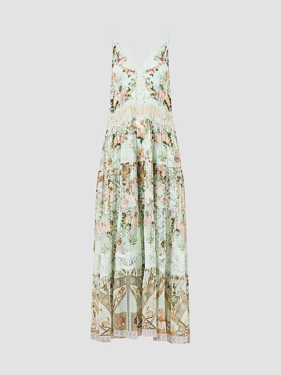 Women's Floral Silk Trapeze Tiered Dress - Pastel Green - Size Medium
