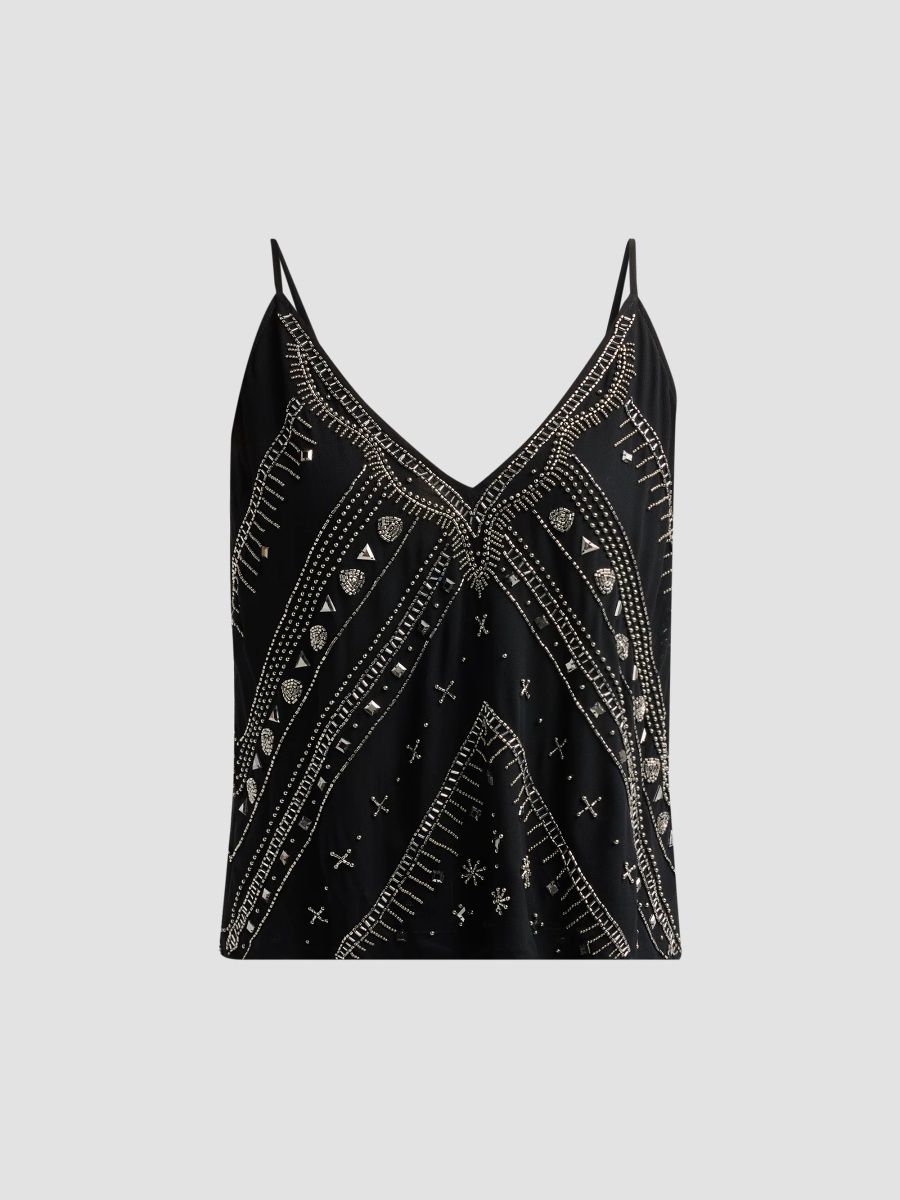 Ramy Brook Women's Jannie Beaded Tank - Black Silver Gunmetal - Size XL