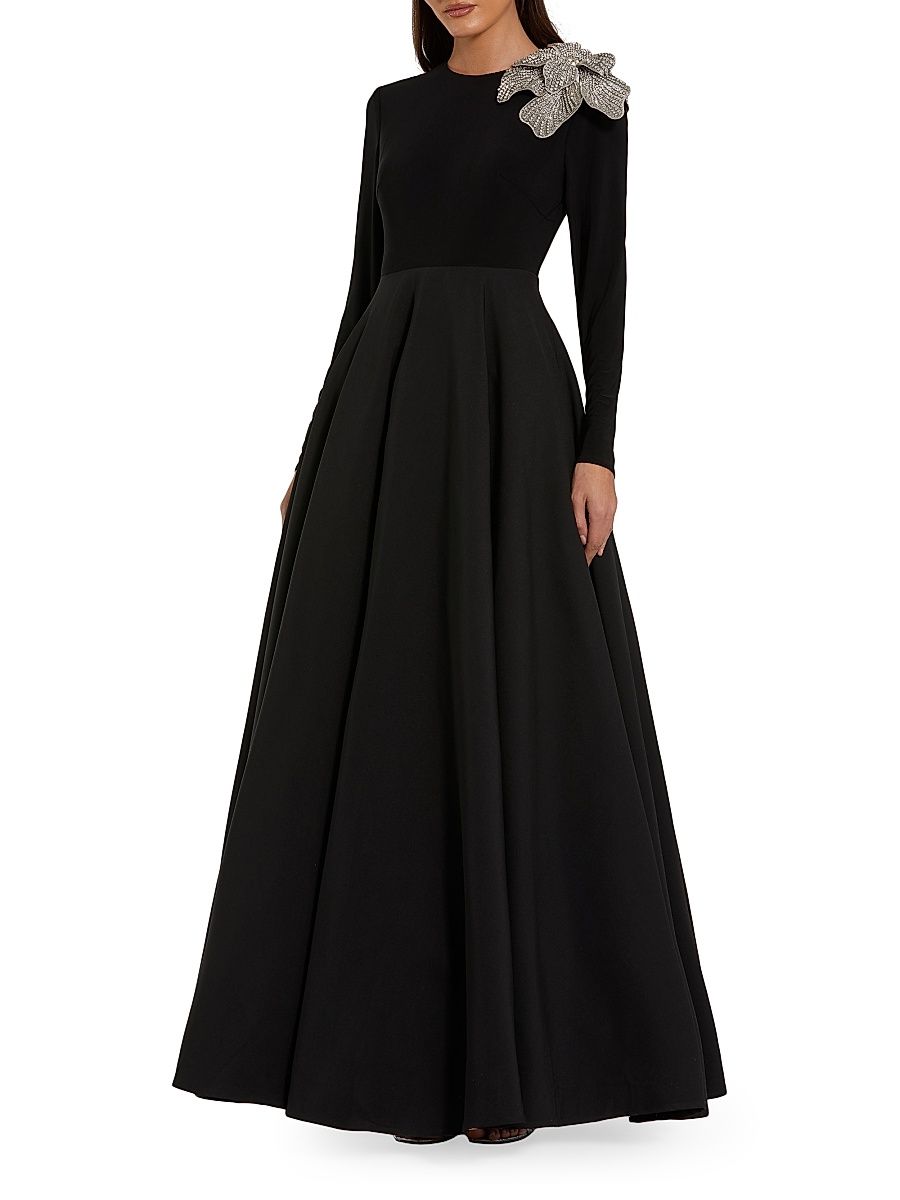Women's Floral Appliqué Mix Media A-Line Gown - Black - Size 18