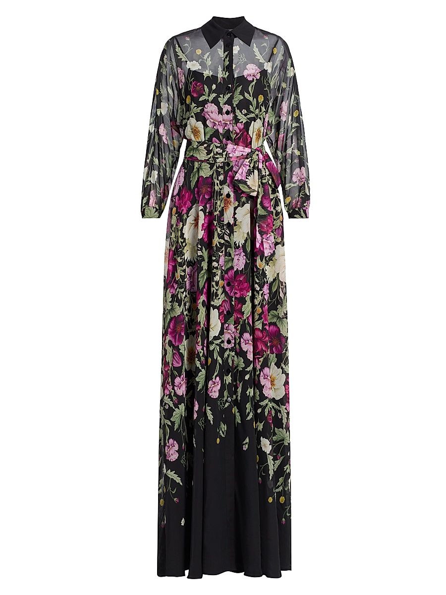 Women's Floral Chiffon Maxi Shirtdress - Black Multi - Size 6