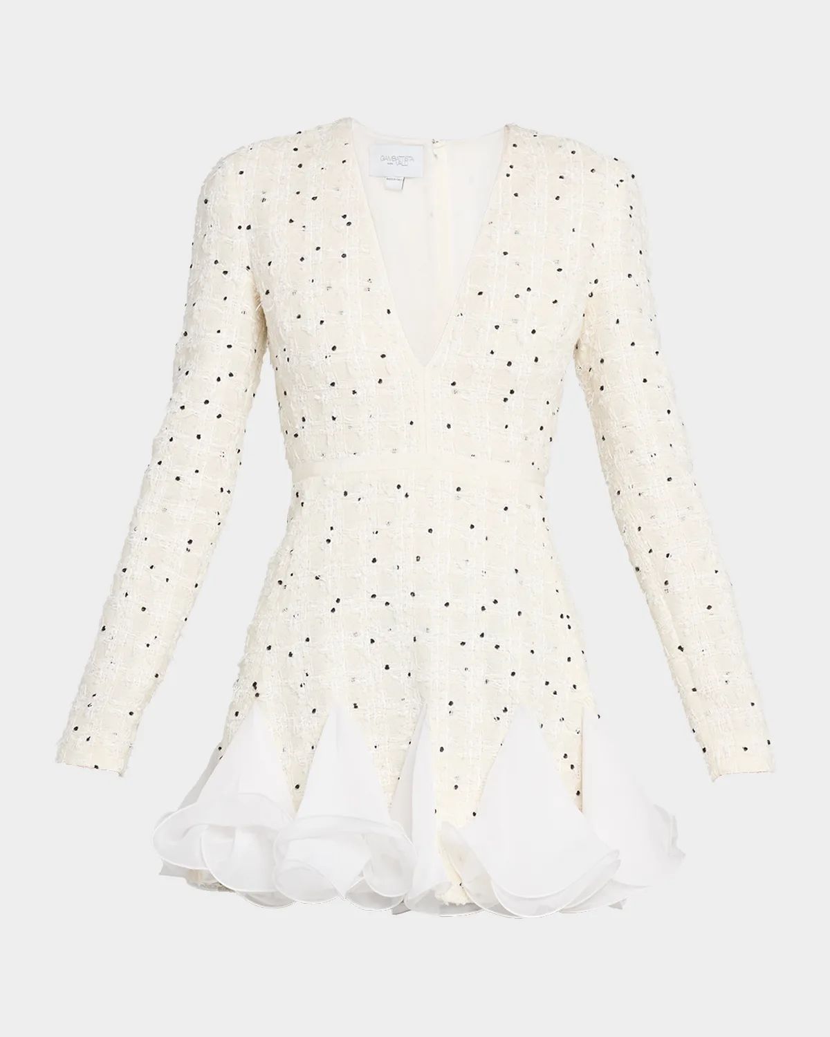 Polka-Dot Boucle Long-Sleeve Godet Mini Dress