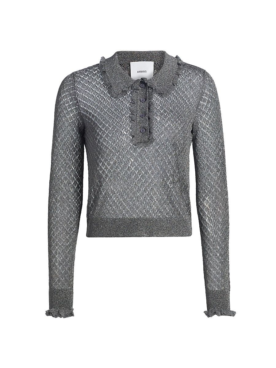 Women's Klara Ruffle Pointelle-Knit Polo Shirt - Gunmetal - Size Large