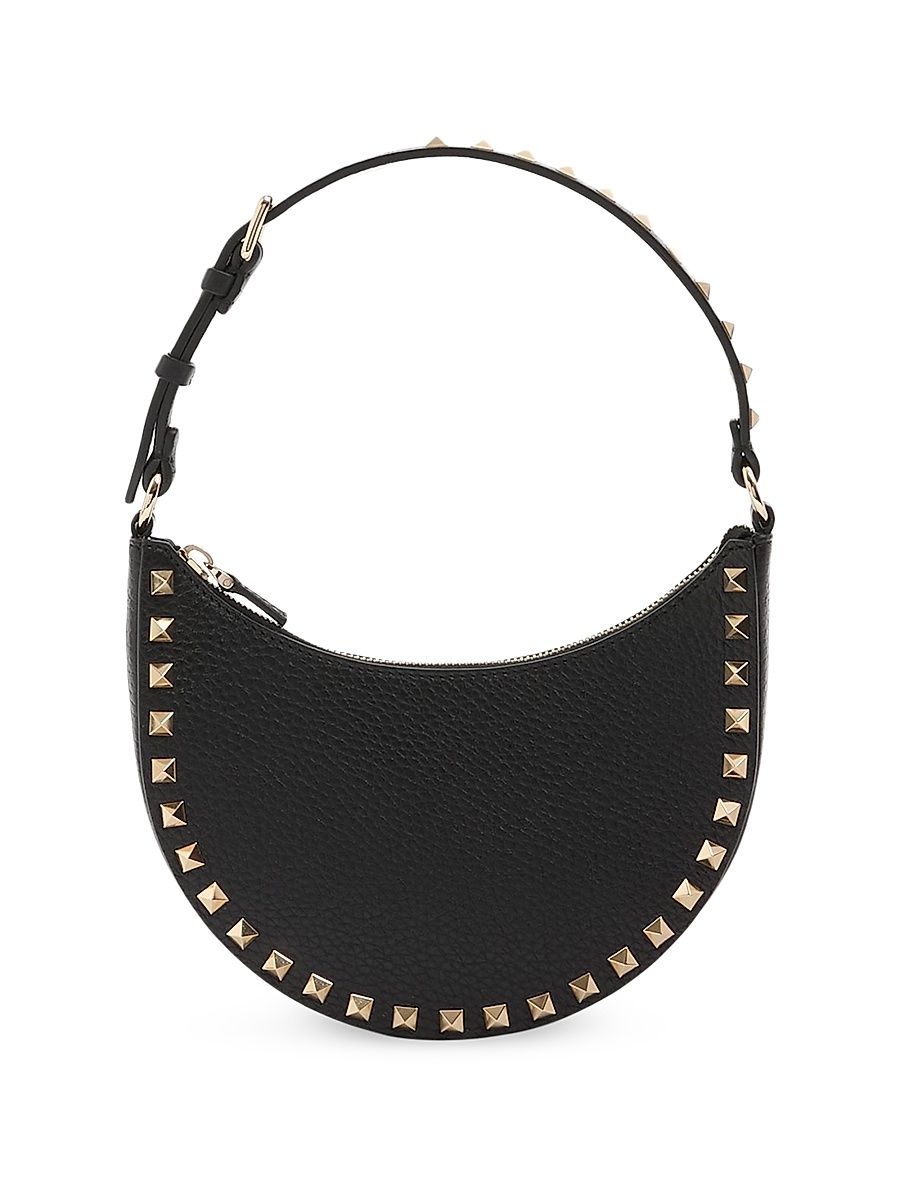 Women's Mini Rockstud Hobo Bag in Grainy Calfskin - Black