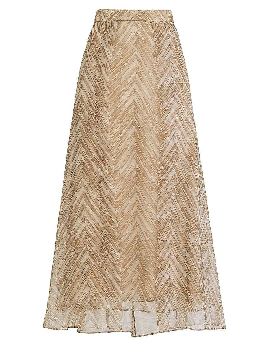 Women's Silk Chevron Print Organza Paneled Circle Skirt - Beige - Size 16