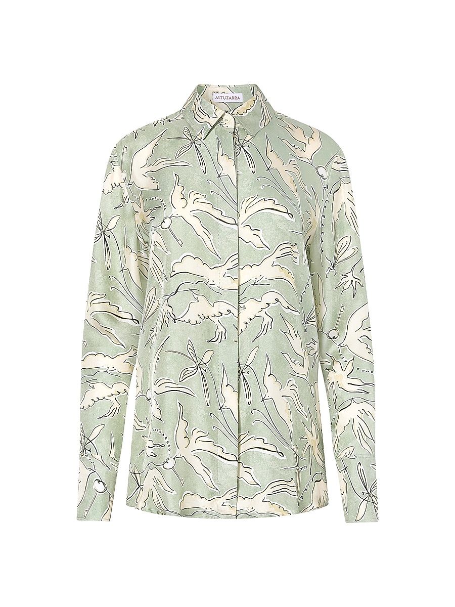 Women's Chika Silk Blouse - Desert Sage Bird - Size 14