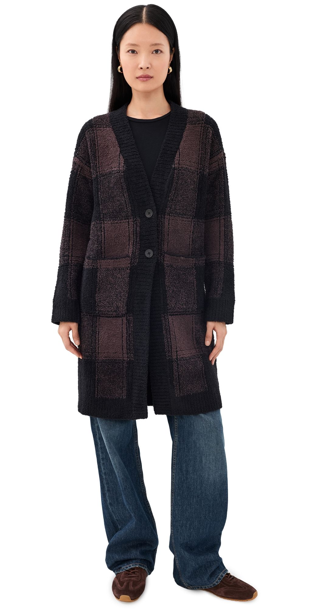 Barefoot Dreams CozyChic Cotton Buffalo Plaid Long Cardi Umber Multi M